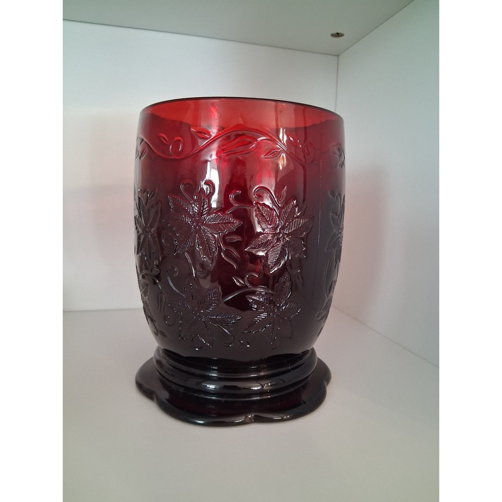 Ruby Red Glass Poinsettia Hurricane Candle Holder Embossed Floral 7.5 Inch